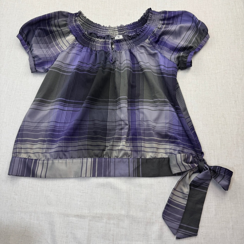 Worthington Peasant Blouse Women 1X Purple Plaid Smocked Y2K Vintage Side Tie